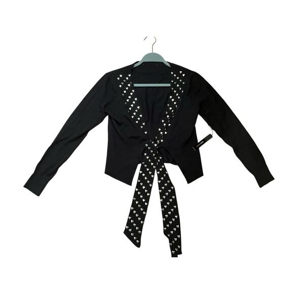BCBGMAXAZRIA Bolero Cropped Cardigan Knit Heart Stud Accent Black Size L NWT - Picture 3 of 6